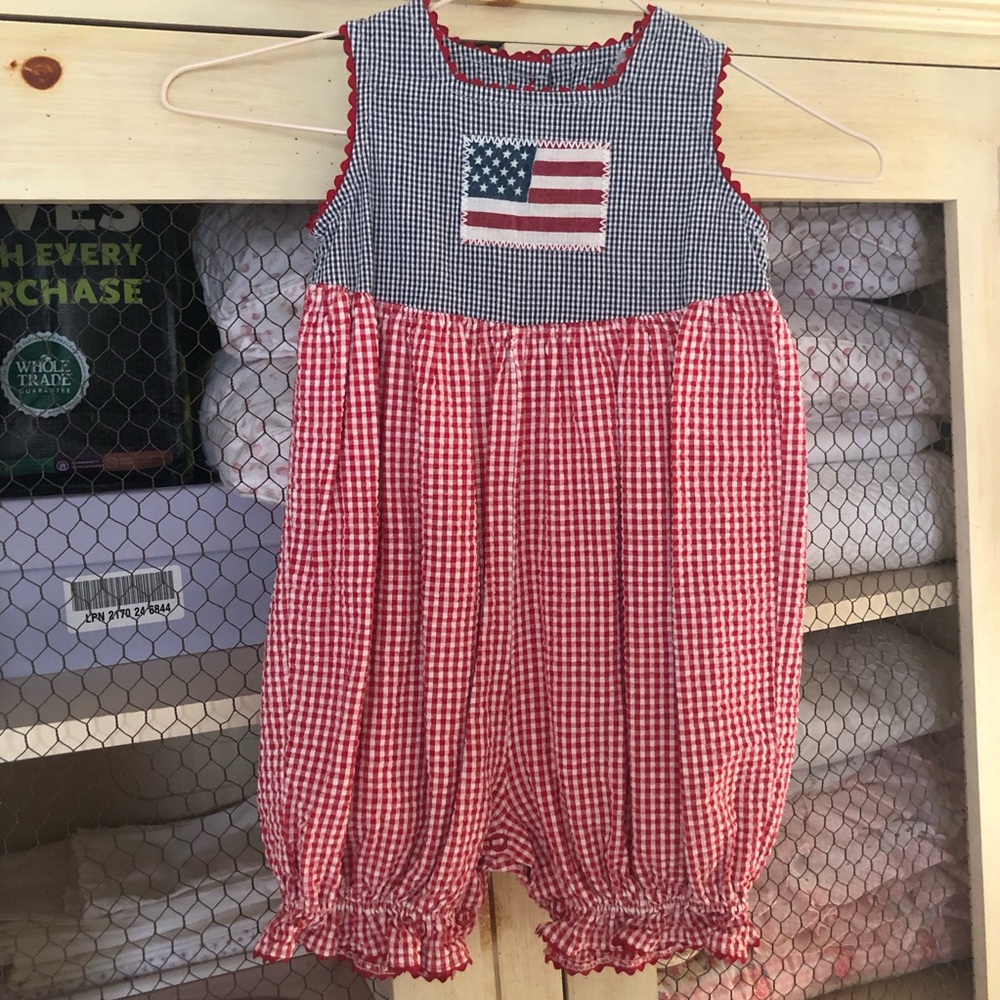 Cottontail Originals Bubble Romper Red Gingham American Flag Embroidered 24 Mo.